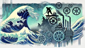 workers facing big waves representing progress, inspired by Hokusai art