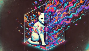 Schrödinger's cat paradox. A cat inside a transparent box is depicted as both alive and dead.