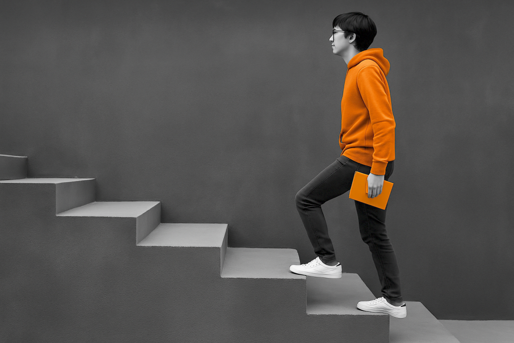 learner-walks-up-stairs-orange-sweathshirt