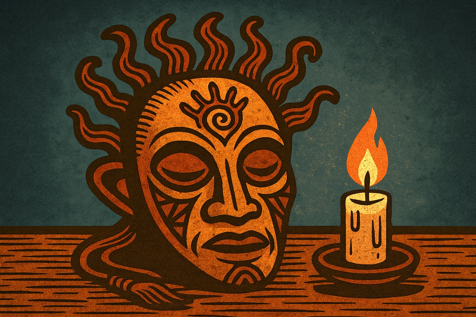 A drawing of a ritual mask and a candle