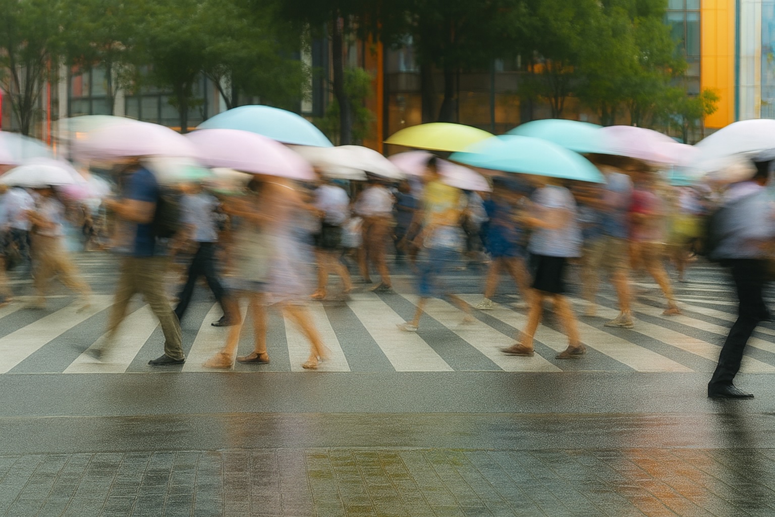 blurred image of people walking with open umbrellas over a crosswalk