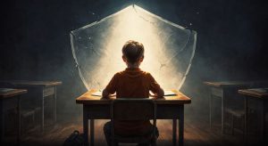 A child sitting at a desk protected by a shield - Learning Without Protection featured image