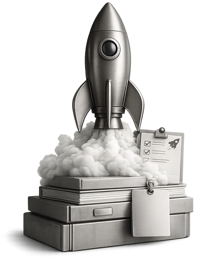 Black-and-white rocket on office folders and documents, representing business growth, readiness, and structured progress