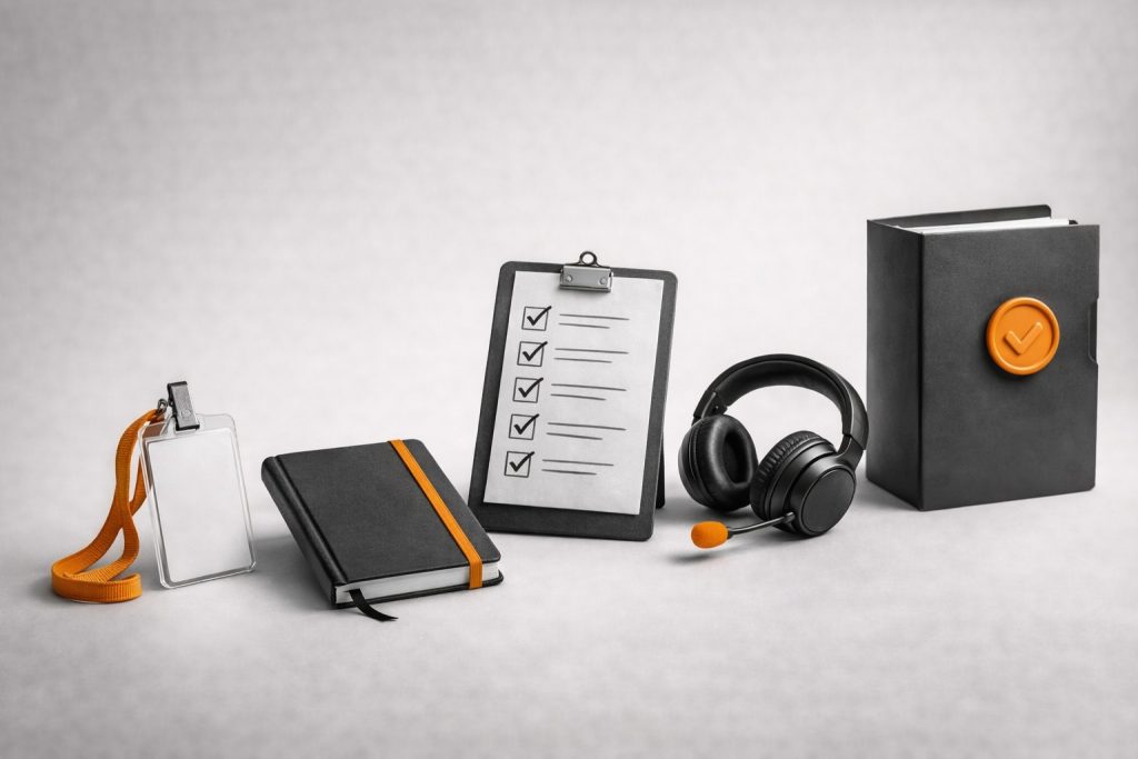 Grayscale onboarding pathway with badge, notebook, checklist, headset, and completed folder with orange accents