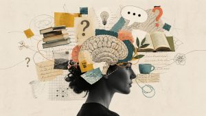 a person's head overlayed with the drawing of a brain and other artifacts