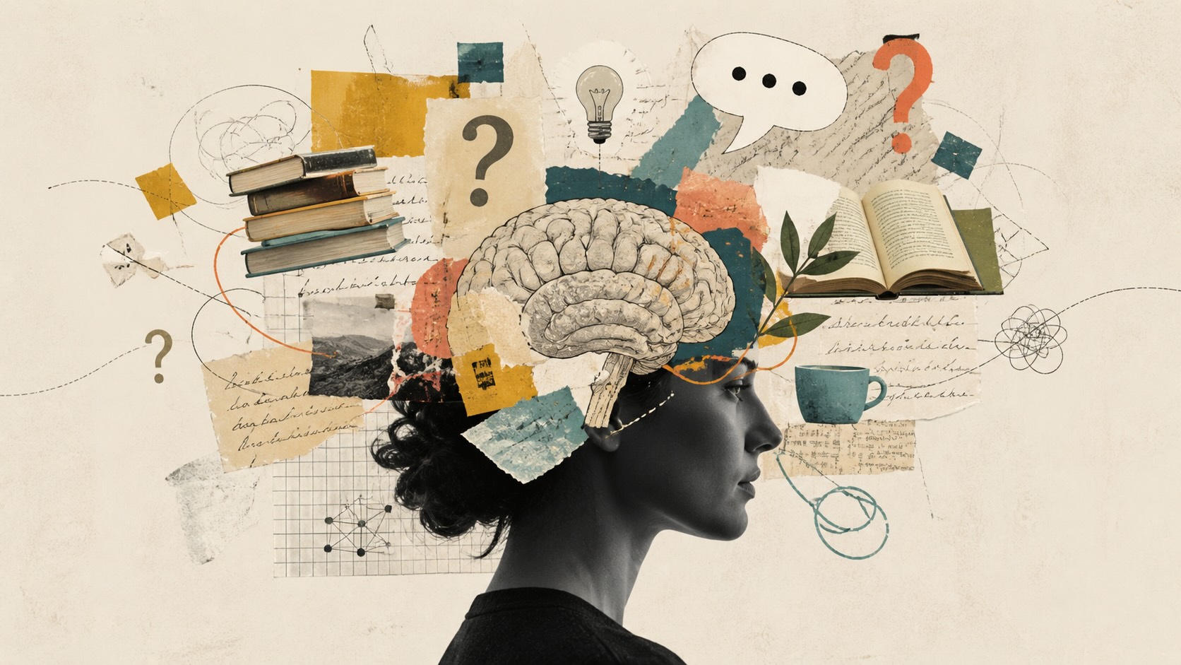 a person's head overlayed with the drawing of a brain and other artifacts