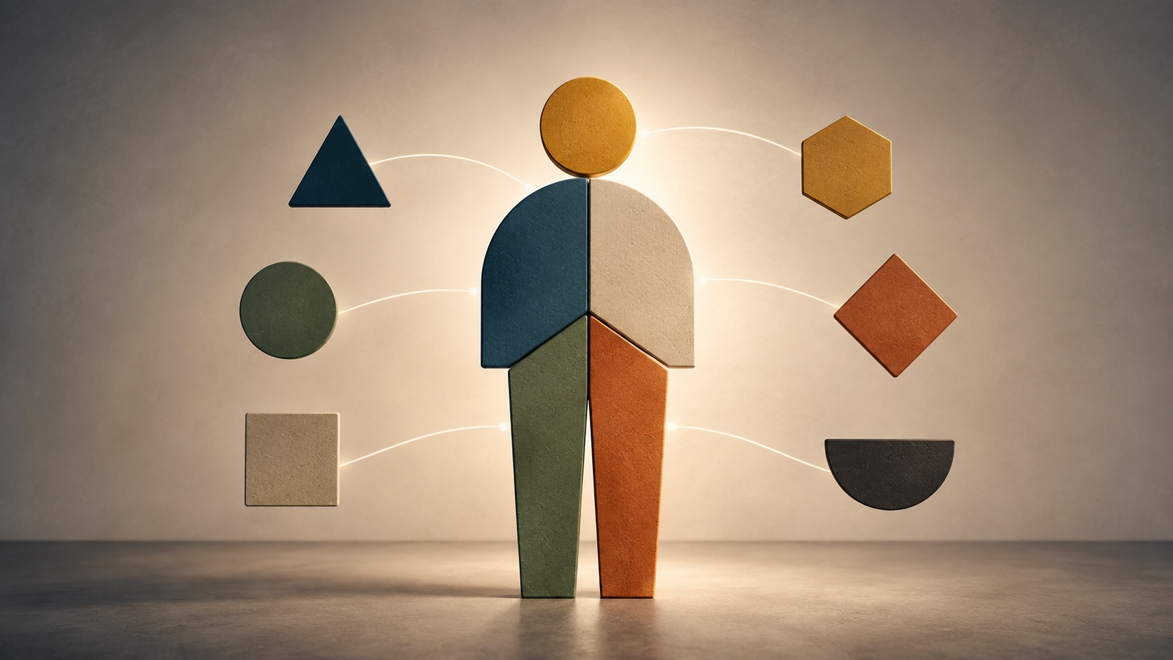 several geometric figures around a representation of a human figure